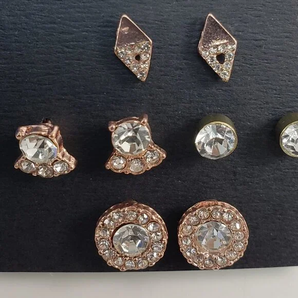Women’s BEBE Gold & Rose Gold-Tone Stud Earrings – Set of 4 Sparkling Rhinestone - Picture 5 of 7